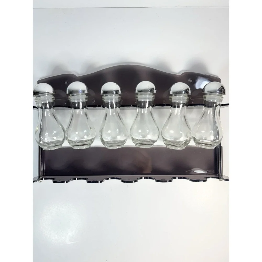 Vtg Two Tier Wall Contemporary‎ Acrylic Gray Spice Rack 6 Spice Bottles